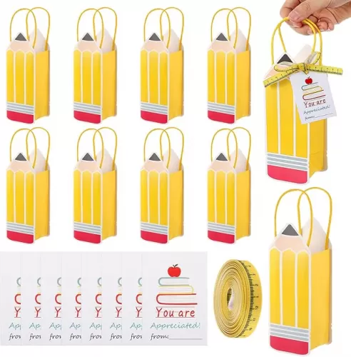 Kolldenn 17 Pcs Back to School Teacher Gift Set with 8 Pencil Shaped Bag with Handle 8 Thank You Cards and 1 Ruler Ribbon for First Day of School Teacher Appreciation Gift Welcome Back Party Favor