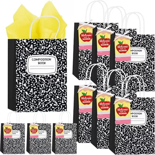 Kolldenn 24 Sets Composition Notebook Gift Bag Back to School Paper Pencil Bags with Tissue Handle Cards for First Day of School Classroom