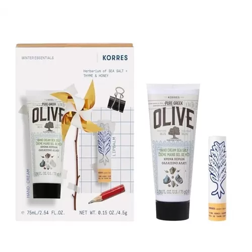 KORRES Winter Essentials Hand and Lip Care Set, Olive Sea Salt Cream 2.54 Fl Oz & Thyme Honey Balm 0.15 Oz, Moisturizing Gift for Men Women, Botanical Formula, Softens Skin, Seasonal Duo, Holiday Set