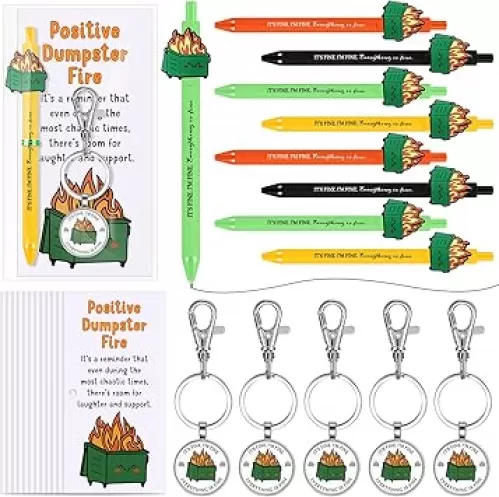 Kosiz 20 Set Back to School Student Gifts Teachers Bulk Dumpster Fire Pens Keychains Emotional Support Funny Inspirational Pens Positive Keychains with Cards