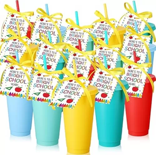 LemonRoad 20 Sets Back to School Gifts First Day of School Party Favors Multi Color Disposable Cup with Lid Straw and Bow Card Back to Class Supplies for Classroom Rewards