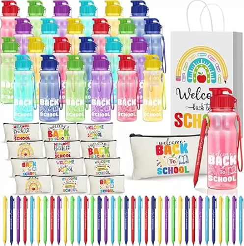 LemonRoad 24 Pcs Back to School Gifts Bulk for Students Teachers First Day of School Party Favors Including Water Bottle Pen Pouch Ballpoint Pens Gift Paper Bags Set for Class Reward Party Supplies