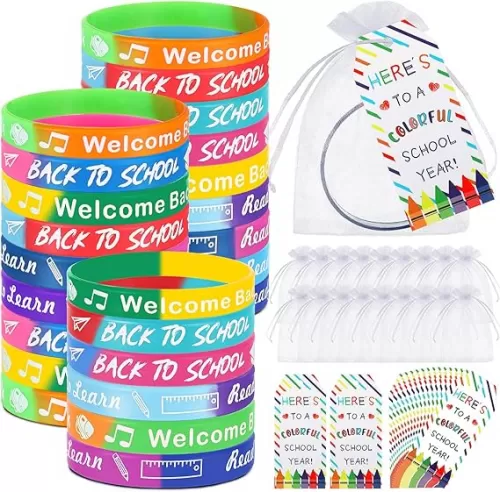Liliful 24 Set School Rubber Bracelet Welcome Back to School Gift Set with Rubber Bracelet Organza Bags and Gift Label Tags First Day of School Classroom Gifts Goodie Bag Fillers (Dark Color)