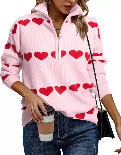 Love Heart Sweater Quarter Zip Sweater Women V Neck Valentines Pullover Sweatshirt Ribbed Knitted Loose Slouchy Tops