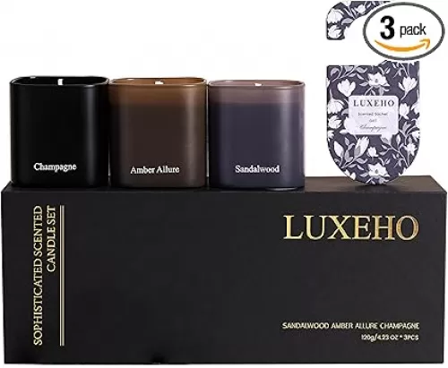 Luxury Scented Candle Gift Set 3-Pack | Champagne, Sandalwood & Amber | Clean Soy Wax | for Women & Men (3.52 oz Each) | 75 Hour Burn Time