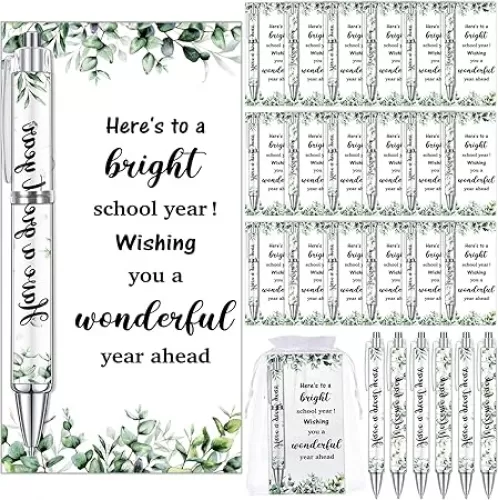Marspark 30 Set Greenery Welcome Back to School Gifts Bulk Ballpoint Pens and Greeting Cards Set with Bags Twist Ties First Day of School Gifts for Teacher Student Classroom Party Favors Supplies