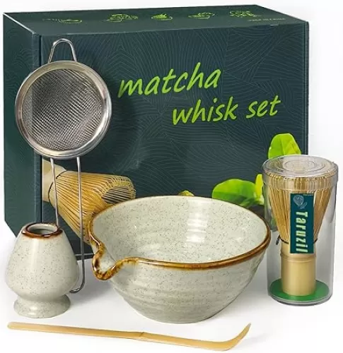 Matcha Whisk Set with Matcha Bowl, Matcha Bamboo Whisk, Scoop, Sifter, Matcha Whisk Holder Unique Gifts for Women Men Girl Friend Home Kitchen Decor Gifts for Christmas, Birthday, Halloween