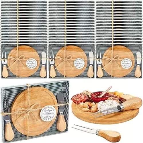 Maxcheck 50 Sets Baby Shower Bridal Game Prizes for Winners Round Cheese Board Set Wood Mini Charcuterie Board with Knives and Forks Bulk Thank You Card with Gift Box for Guests Wedding Favor (Bamboo)