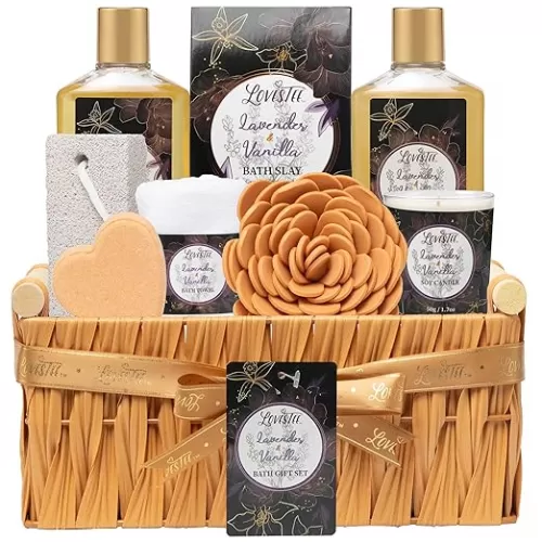 Mothers Day Gifts, Spa Baskets For Women, Bath And Body lavender & vanilla Bath And Body Set, Includes Shower Gel, Bath Towel, Pumice Stone, Bubble Bath And More, Gifts For Women, Gift For Mom