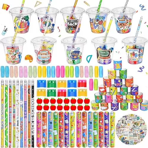 NatuBeau 24 Set Back to School Gifts for Students, First Day of School Gifts Pencil Grips Sharpeners Erasers Stickers Slap Bracelets Cups with Lids for Students Classroom Party Favors Supplies