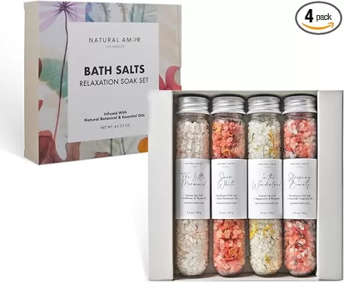 Natural Amor Natural Bath Salt Gift Set – 4 Pack Tubes with Sea Salt, Dried Flowers & Essential Oils – Lavender, Rose, Peppermint, Herbal – Relaxing Soak, Spa Gift for Women