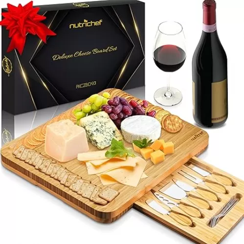 NutriChef 13" Bamboo Charcuterie Board Set—Extra Large Organic Cheese Platter with Magnetic Sliding Lid, 6 Stainless Steel Knives & Forks, and Premium Gift Box