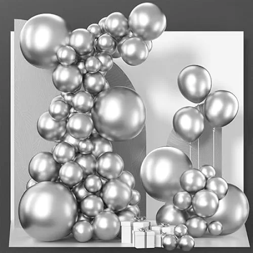 PartyWoo Metallic Silver Balloons 140pcs Different Sizes Pack of 18 12 10 5 Inch Chrome Silver Balloon Arch Kit for Graduation Wedding Birthday Bachelorette Engagement Party Decorations Silver-G102