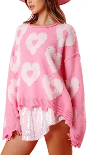 Pearl Sweater for Women Love Heart Graphic Knitted Sweatshirts Cute Oversized Pullover Shirts