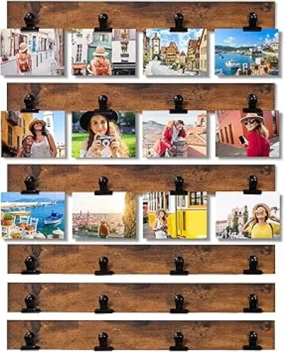 Picture Frame With 24 Clips, Large Size Collage Photo Frames, Hanging Wall Decor Frame, Organize and Display Photos, Artwork. No Assembly Required, Brown