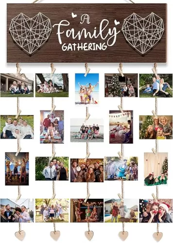 Picture Frames Collage Wall Decor, Rustic Wooden Hanging Photo Display with Clips - Holds 20 4x6 Pictures - Perfect Photo Holder for Home Decor, Weddings, Gift Ideas, Family Memories