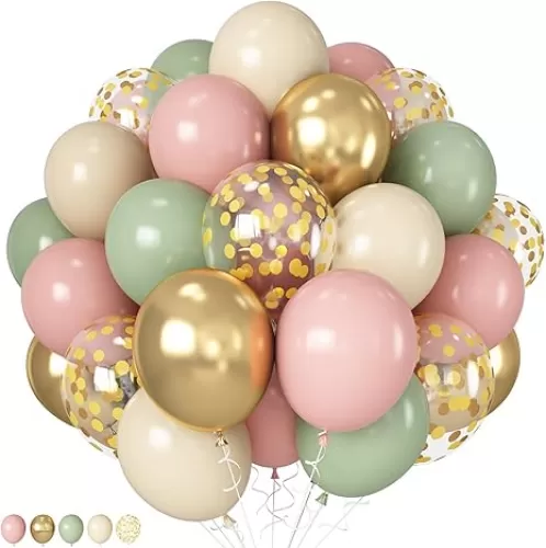 Pink and Green Balloons Retro Sage Olive Green Pink Beige Metallic Gold Confetti Latex Balloon for Easter Jungle Safari Christmas Woodland Floral Fairy Birthday Party Decorations