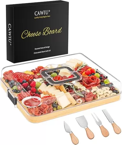 Portable Travel Charcuterie Board with Lid and Handle - Large Bamboo Cheese Board with 4 Cheese Knife Set for Outdoor, Picnics - Weddings, House Warming Gift for Women (6 Compartments, Black)