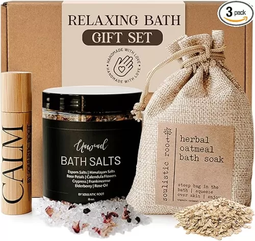 Relaxing Bath Gift Set, Luxury Spa Gifts for Women, Self Care Products for Women and Men, Calm Essential Oil Roller, Oatmeal Lavender Bath Soak & Epsom Salts with Essential Oils