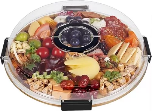 Round Charcuterie Board with Clear Lid, Travel Picnic Portable Cheese Board Charcuterie Boxes, Meat Fruit Serving Tray Platter, House Warming Gifts New Home, Gifts for Women