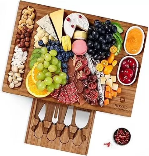 ROYAL CRAFT WOOD Bamboo Charcuterie Boards - Cheese Board Set with 2 Sauce Bowls, 4 Knives - Unique Charcuterie Board & Serving Tray - House Warming Gifts New Home Gifts