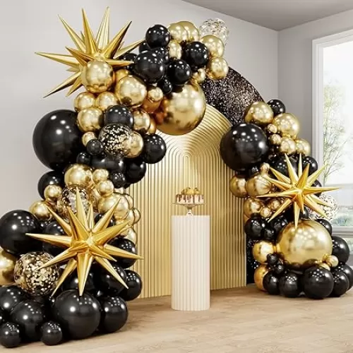 RUBFAC 140pcs Black and Gold Balloons, Black Metallic Gold Confetti Star Latex Balloons 5 10 12 18 Inch for 2025 Graduation Class Decorations Birthday Retirement Wedding Anniversary Party Decorations