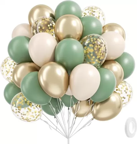 Sage green Balloons, 60pcs 12inch Sage green Sand White Metallic Gold Confetti Balloons for Boho Birthday Wedding Bridal Baby Shower Engagement Party Decorations