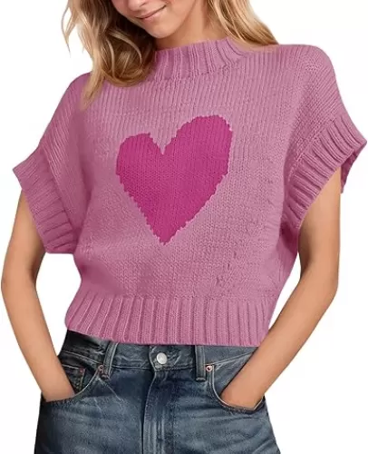 Saodimallsu Womens Cap Sleeve Cropped Sweater Mock Neck Cute Heart Loose Valentine Knit Tank Tops