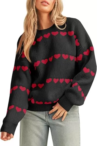 Saodimallsu Womens Heart Sweater Valentine Crew Neck Cute Ribbed Knit Loose Casual Pullover Sweaters Tops