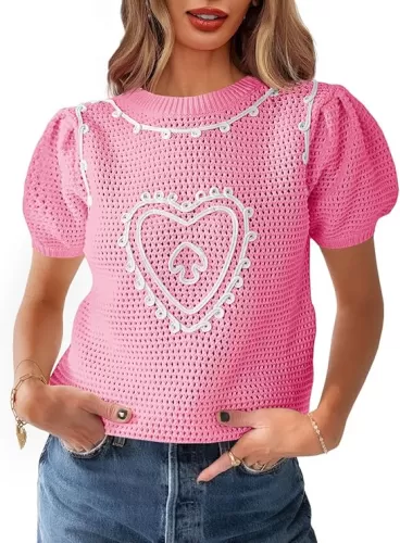 Saodimallsu Womens Valentines Sweater Top Heart Puff Short Sleeve Cute Crew Neck Crochet Going Out Loose Shirts