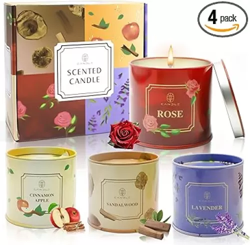 Scented Candles 4 Pack Soy Wax Long Lasting Rose Lavender Sandalwood Apple Fragrance Gifts for Women Mother