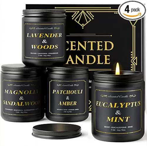 Scented Candles for Men, 4 Pack Mens Candles for Home Scented, 28oz Soy Wax Candles Set - Lavender/Patchouli/Sandalwood/Eucalyptus, Aromatherapy Candles Gift Idea for Dad, Husband, Boyfriend