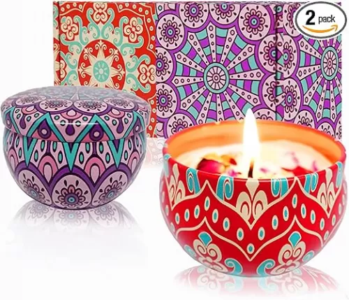 Scented Candles Gift Set - Aromatherapy Candle for Home, Portable Hotel Small Candles, Natural Soy Wax Tin Jar for Yoga, Bath, 2.5 Oz Long Lasting Time Gift for Women 2 Pack