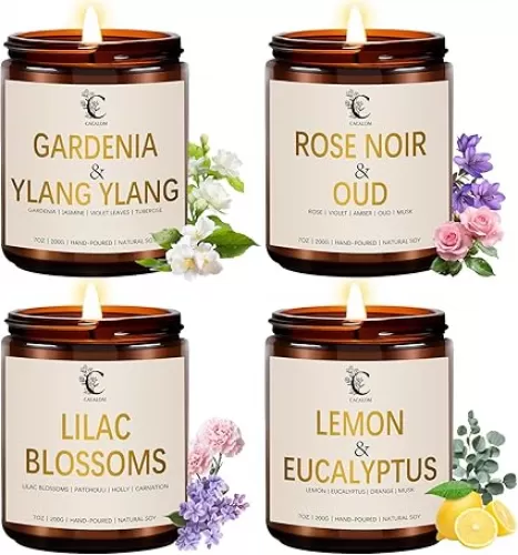 Scented Candles Gift Set, 4 Pack Birthday Candles for Home Scented, Aromatherapy Candles Set for Women Halloween Chirstmas Long Lasting Soy Wax Candles Non Toxic for Her, Rose/Lemon/Gardenia/Noir Oud