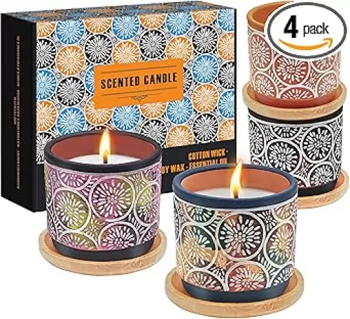 Scented Candles Gift Sets for Women, 4 Pack Natural Soy Candles for Home Scented, Burning up to 100H, Handmade Pottery Aromatherapy Jar Candle, Gift for Christmas, Birthday, Valentine