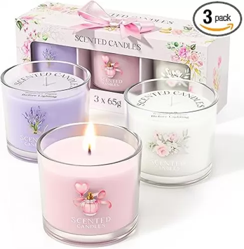 Scented Candles, Scented Candle Gift Set for Stress Relief, 3 Votive Candles for Women and Men, Birthday Candle Gifts for Women, Christmas Candles for Women (Pink + Purple + White, 7 oz)