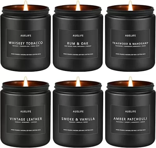 Scented Candles Set | Gifts for Men - 6Pack Candle Set - Masculine Candle, Soy Candles for Home Scented, Aromatherapy Gift - Fragrance of Smoke Vanilla/Leather/Mahogany/Tobacco/Oak/Amber Patchouli