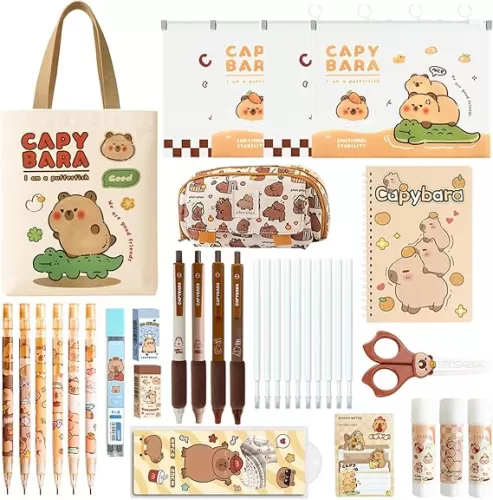 School Supplies Cute Stationery Set Back to School Capybara Pencil Case, Canvas Bag, 6 Gel Pens, 4 File Pockets, 3 Glue Sticks, 6 Mechanical Pencils, Perfect Easter Christmas Birthday Gifts for Children