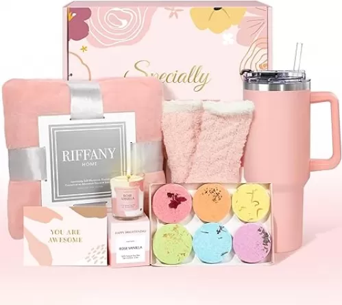 Self Care Gifts for Women, Unique Birthday Gifts for Women, Relaxing Spa Set Get Well Soon Basket Care Package with 300GSM Blanket 40oz Tumbler for Mom Best Friend Sister