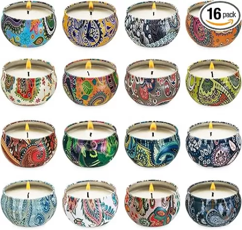 Set of 16 Small Scented Candles Soy Wax Aromatherapy Candles 2.5 OZ Portable Tin Candles with Lid, Relaxation Gifts Basket for Mother, Women, Friends and Coworkers