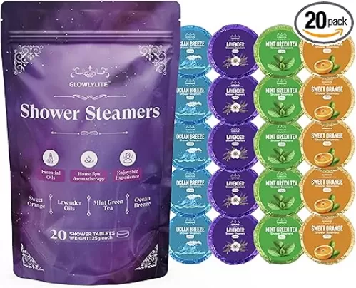 Shower Steamers Aromatherapy | 20 Pack Shower Steamers for Women & Men, Essential Oils for Stress Relief, Self Care, Gifts for Mom, Birthday, Stocking Stuffers & Christmas (Purple)