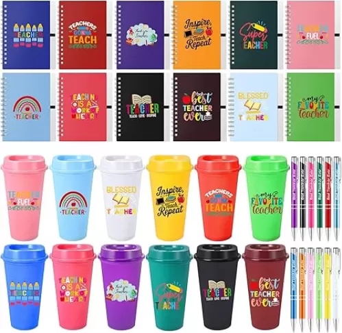 Skylety 36 Pcs Teacher Appreciation Gift Set Thank You Gift Bulk 16 oz Reusable Plastic Coffee Cup with Lid, Inspirational Notebooks and Ballpoint Pens for Teacher Back to School Gift (Super Teacher)