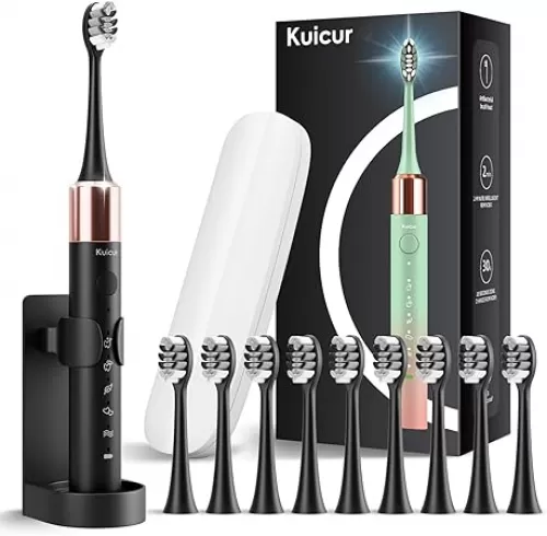 Sonic Electric Toothbrush for Adults and Kids, Comes with 10 Brush Heads & Travel Case, 5 Modes with 2 Minutes Built in Smart Timer, One Charge for 90 Days, 42, 000 VPM Motor (Black)