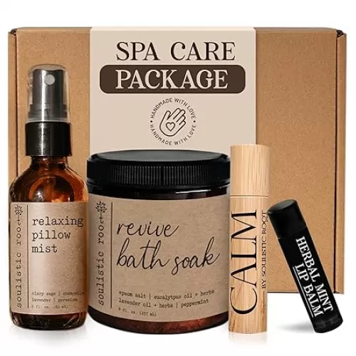 Spa Kit for Women – Relaxing Self Care Gift Set with Lavender Pillow Spray, Mint Lip Balm, Calm Essential Oil Roller & Epsom Salt Bath Soak – Luxury Pampering Package for Home & Bath