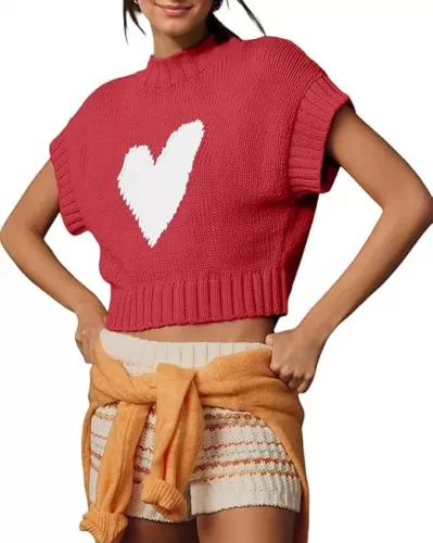 Tanou Womens Cap Sleeve Sweater Vest Mock Neck Crop Sweaters Causal Heart Knit Rib Hem Pullover Loose Fit Tank Top