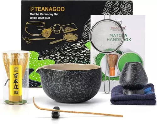 TEANAGOO Matcha Whisk Set Black, 7 Pcs Matcha Set, Matcha Kit for Ceremony, Tradition Tea Set for Making Breakfast/Latte, Matcha Whisk Set with Bowl(Chawan)/Whisk and Holder, Gift for Family/Friend