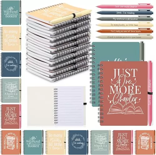 Thenshop 12 Sets Book Lover Gift Include Librarian Inspirational Spiral Notebook Motivational Pen Back to School Gift Book Club Reading Journal for Reader Student Teacher Librarian Day (Brown)