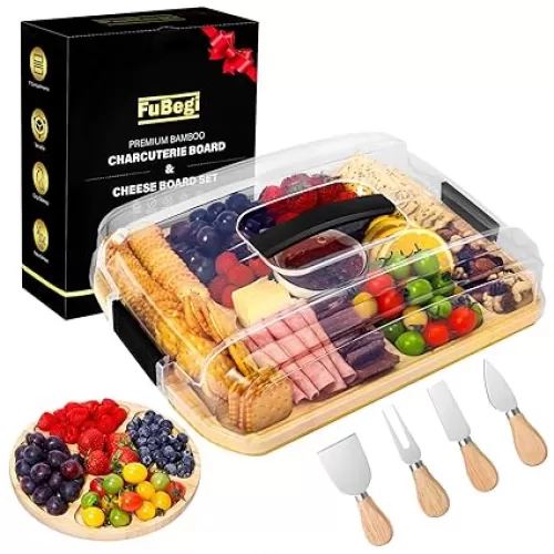 Travel Charcuterie Board with Clear Lid, Portable Bamboo Cheese Charcuterie Board with Cover Accessories Gift Set, Covered Traveling Cheese Box Serving Tray to Go 7 Compartments for Party Picnic