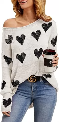 Tutorutor Womens Cute Love Heart Print Sweaters Oversized Off The Shoulder Loose Knitted Valentine Pullover Blouse Top
