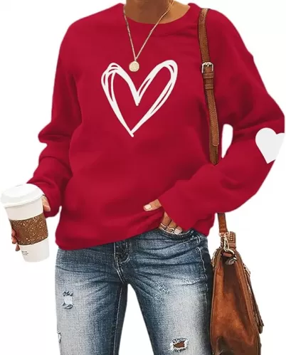 Valentines Sweatshirt Women Red Love Heart Graphic Crewneck Long Sleeve Shirts Valentine